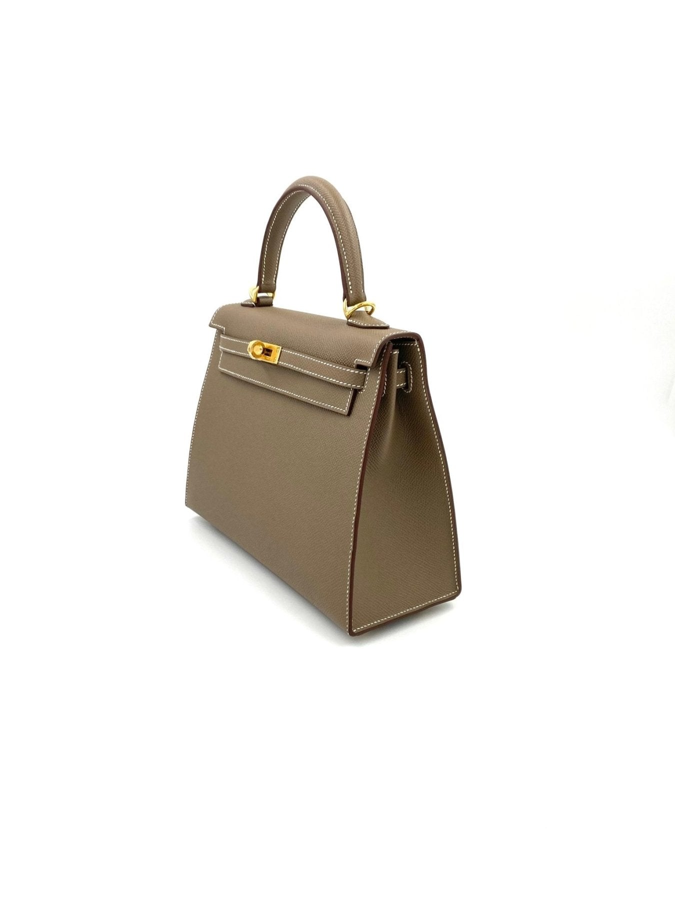 HERMES Kelly 25 Sellier Handtasche in Etoupe Epsomleder mit goldener Hardware, Seitenansicht