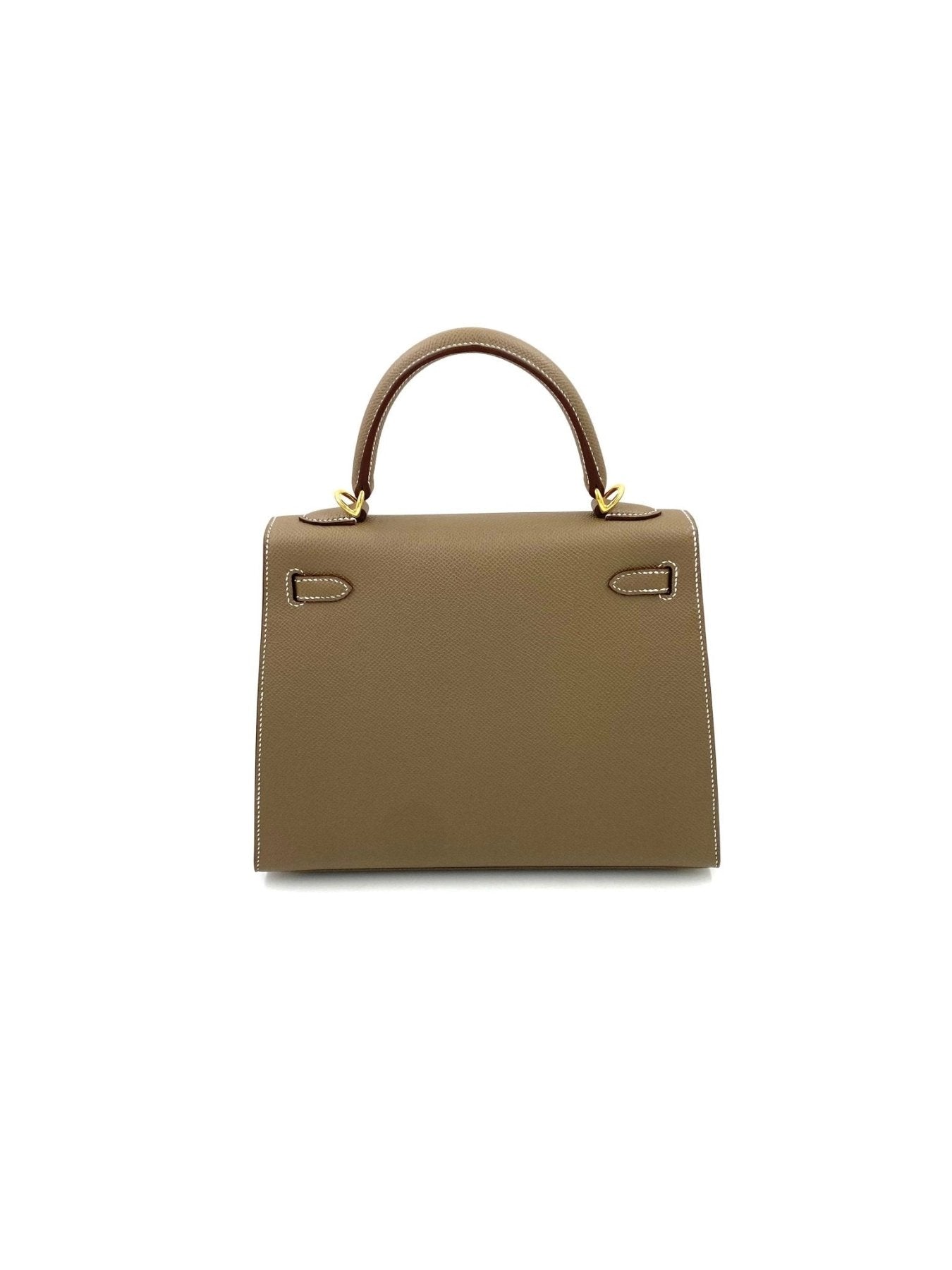 HERMES Kelly 25 Epsom Sellier Etoupe Handtasche in taupe mit goldener Hardware, Rueckansicht mit klassischem Design