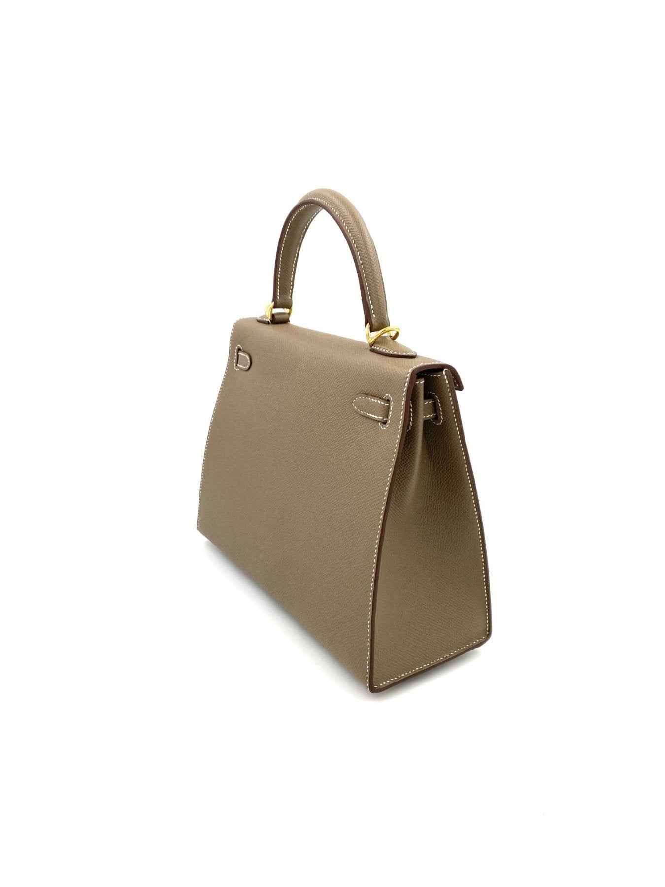 HERMES Kelly 25 Epsom Sellier Etoupe Handtasche in beigem Leder mit goldener Hardware, Seitenansicht