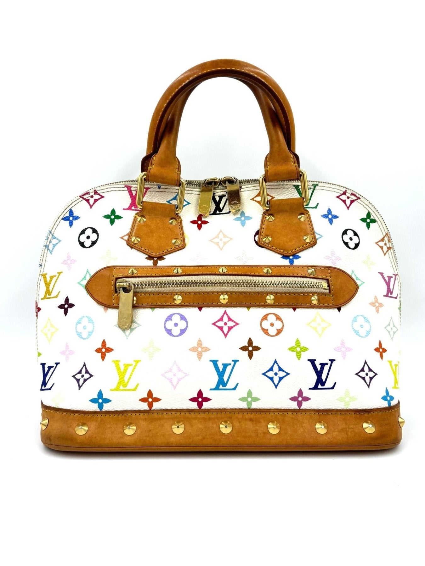 Louis Vuitton Alma Multicolor Handtasche mit buntem Monogram-Muster, braunen Ledergriffen und goldenen Details