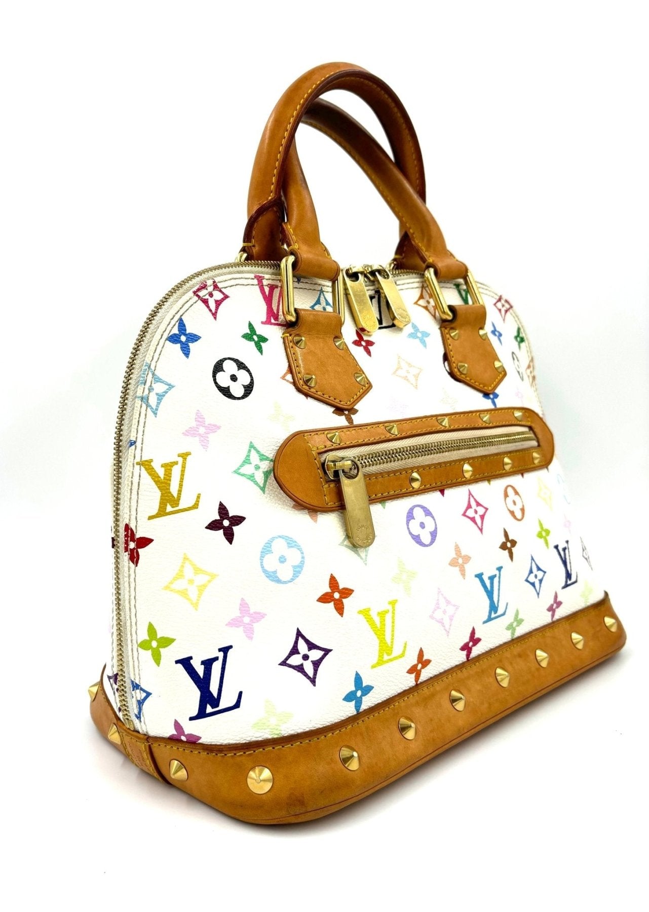 Louis Vuitton Alma Multicolor Handtasche mit buntem Monogram-Muster und braunen Lederdetails auf weissem Canvas