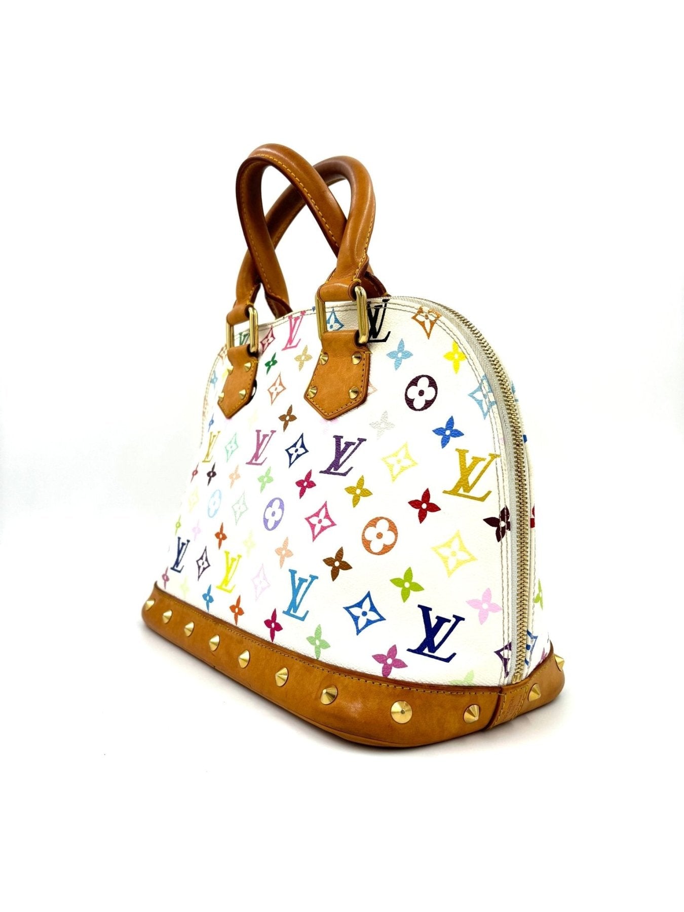 Louis Vuitton Alma Multicolor Handtasche mit buntem Monogram-Muster auf weissem Canvas und braunen Ledergriffe