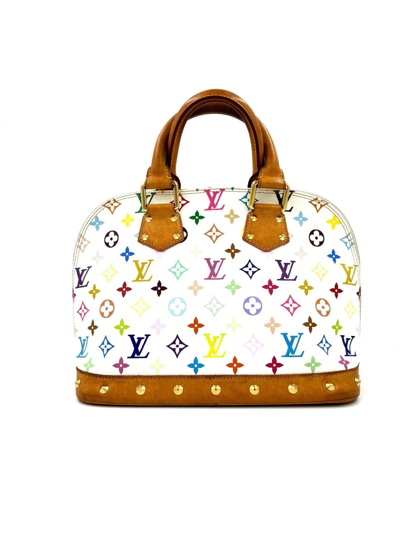 Louis Vuitton Alma Multicolor Tasche mit buntem Monogram Muster und braunen Ledergriffen auf weissem Hintergrund