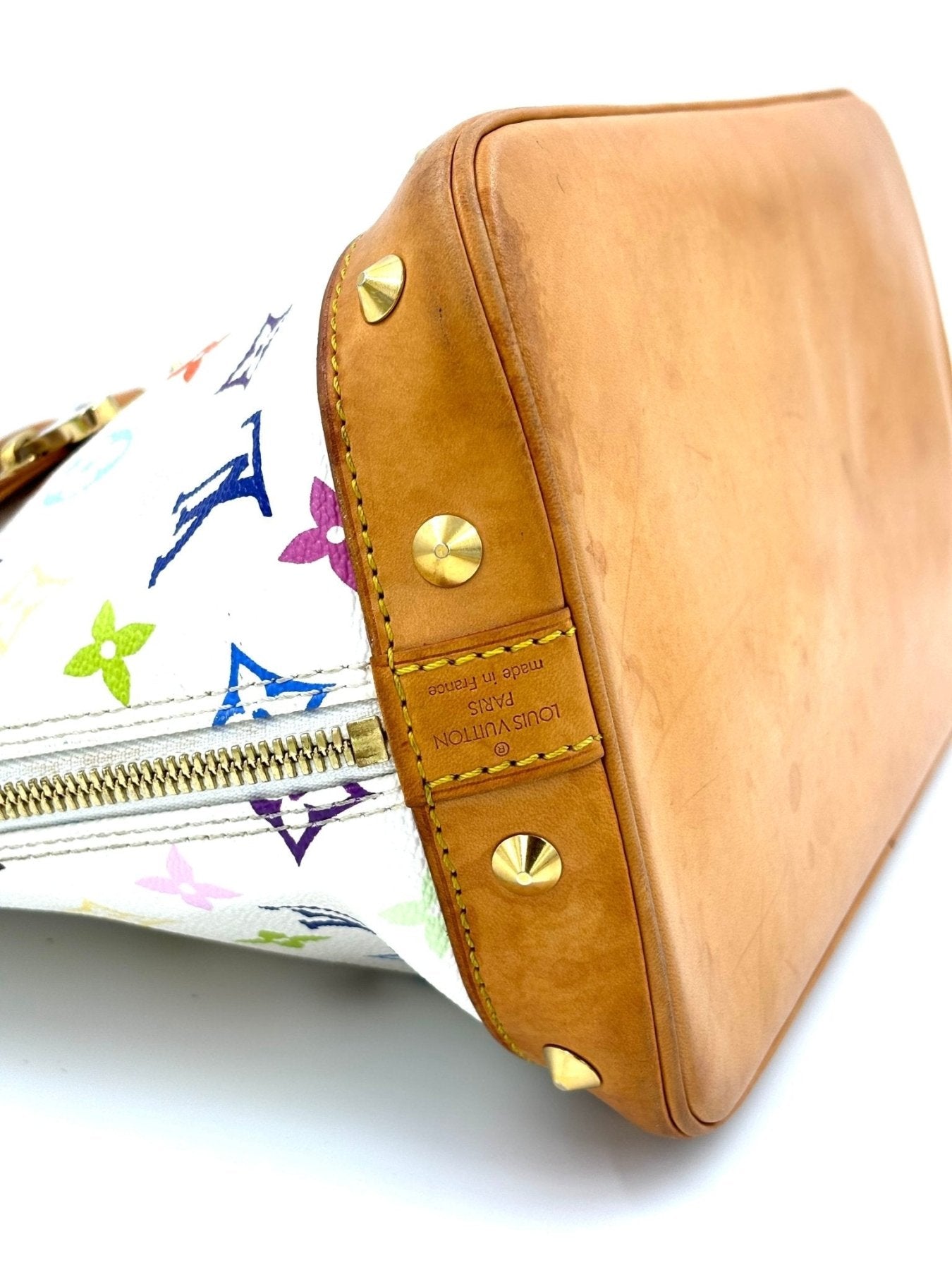 Louis Vuitton Alma Multicolor Handtasche mit buntem Monogram-Muster und cognacfarbenen Lederdetails von Takashi Murakami