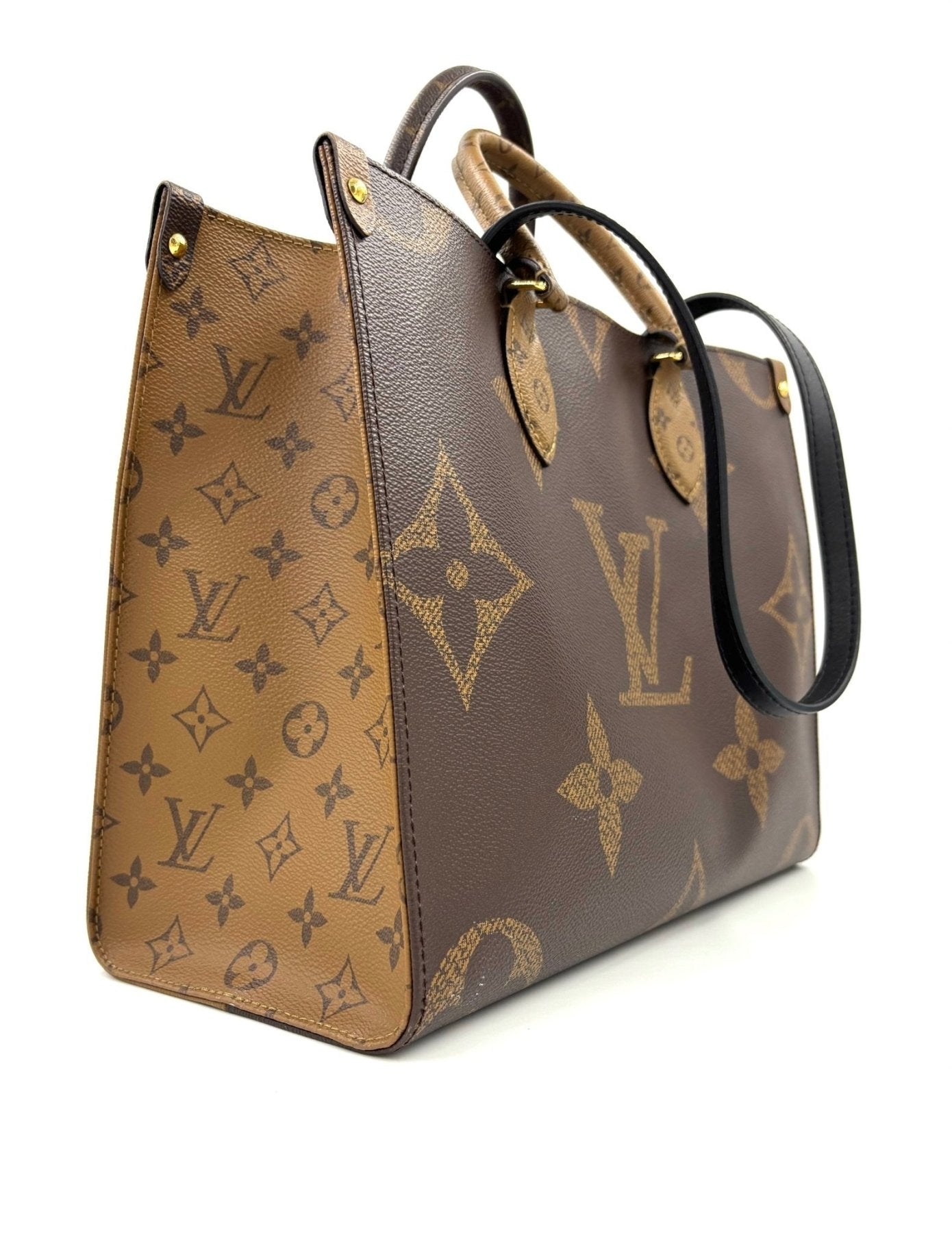 Louis Vuitton Onthego MM Monogram Giant Handtasche in braun mit klassischem LV-Muster und Reverse Canvas Design