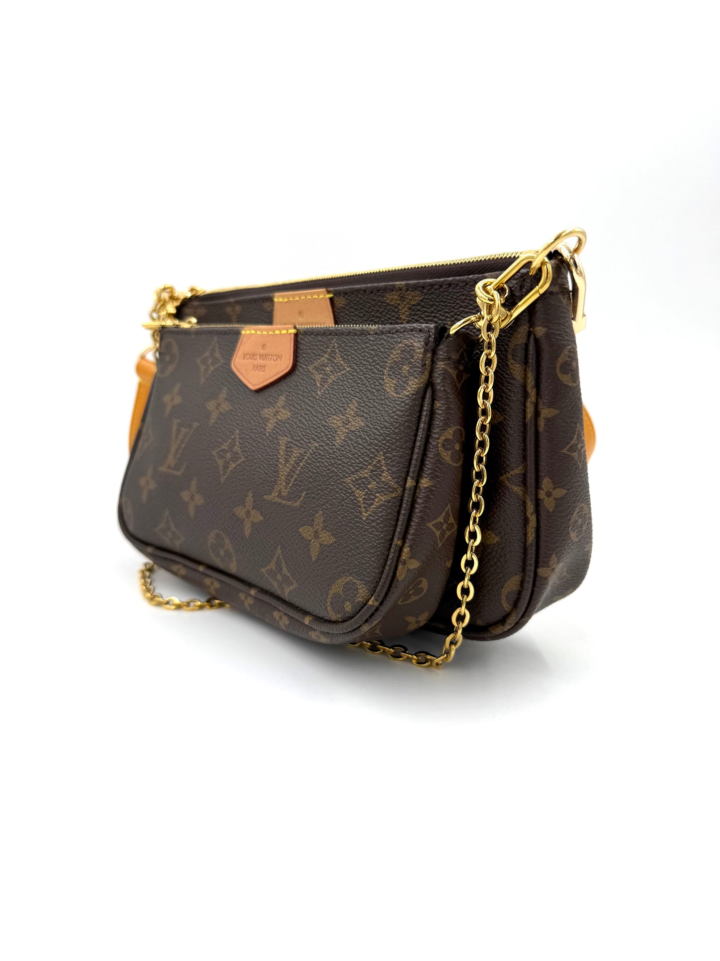 LOUIS VUITTON Multi Pochette Monogram Canvas mit goldener Kette, elegante Designer Handtasche, Second Hand in sehr gutem Zustand
