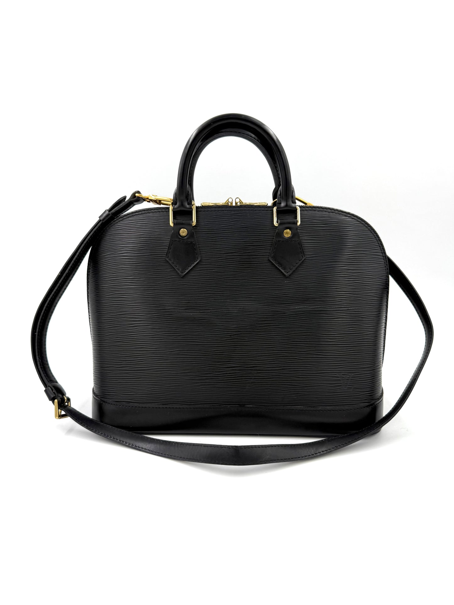 LOUIS VUITTON Alma PM Epi schwarz elegante Secondhand Designerhandtasche mit abnehmbarem Schulterriemen frontal
