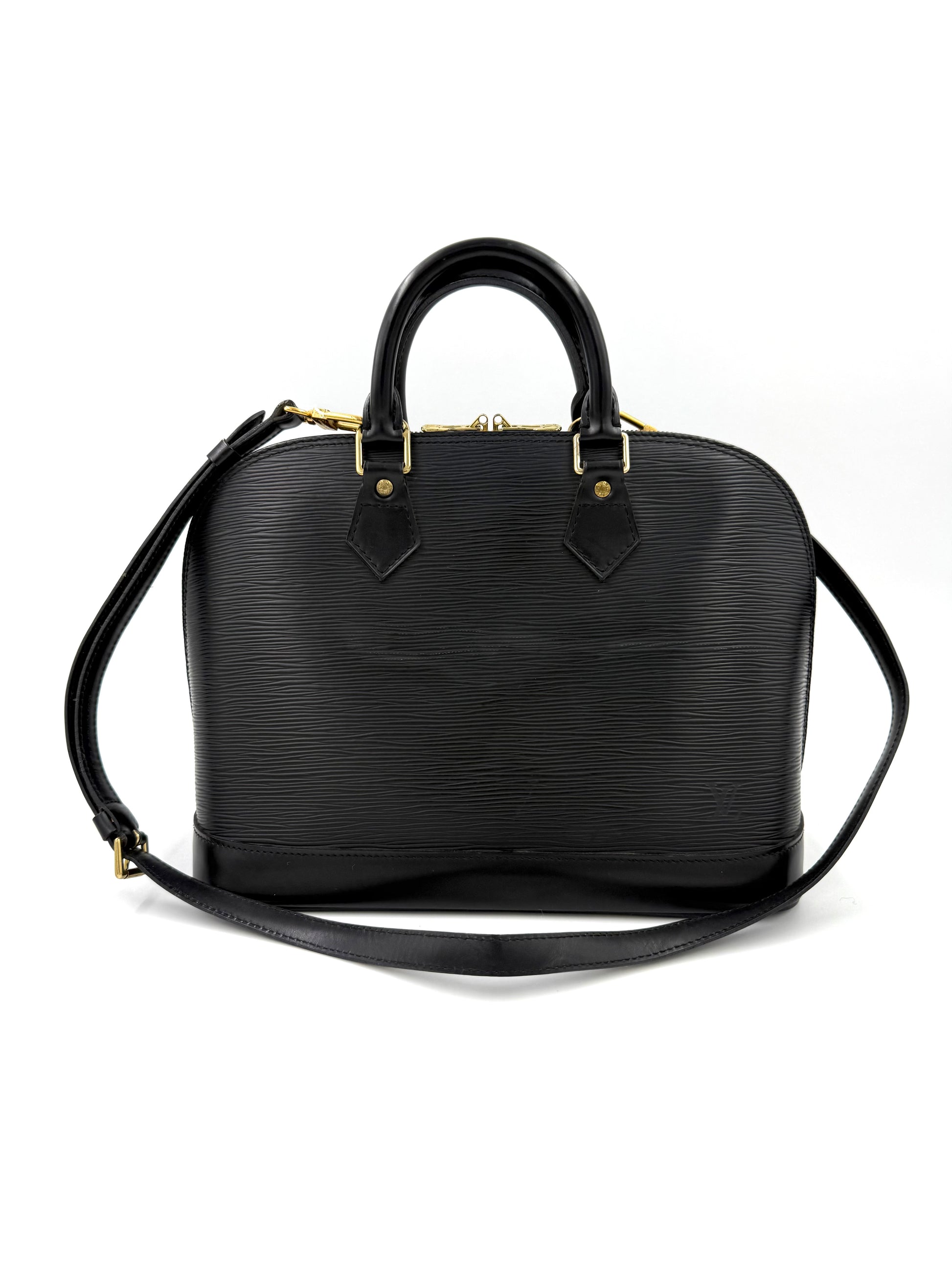 LOUIS VUITTON Alma PM Epi schwarz elegante Secondhand Designerhandtasche mit abnehmbarem Schulterriemen frontal
