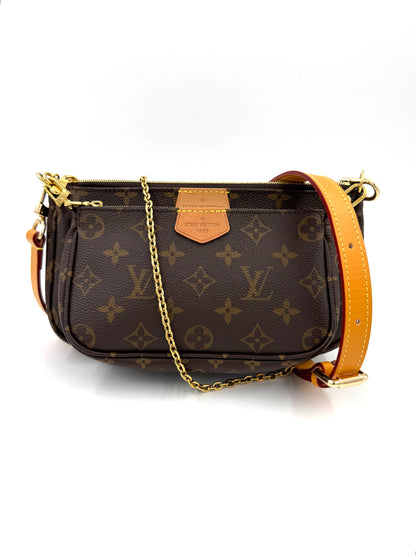 LOUIS VUITTON Multi Pochette Monogram Canvas Designer Handtasche mit Goldkette und Lederriemen in Braun und Cognac.