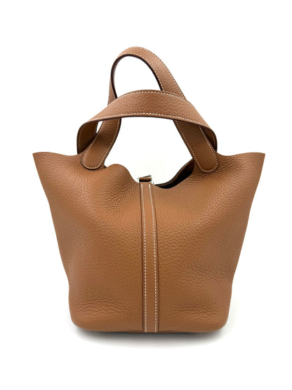 Hochwertige HERMÈS Picotin 26 Lock Clemence gold PHW Designerhandtasche aus weichem Leder in Braun