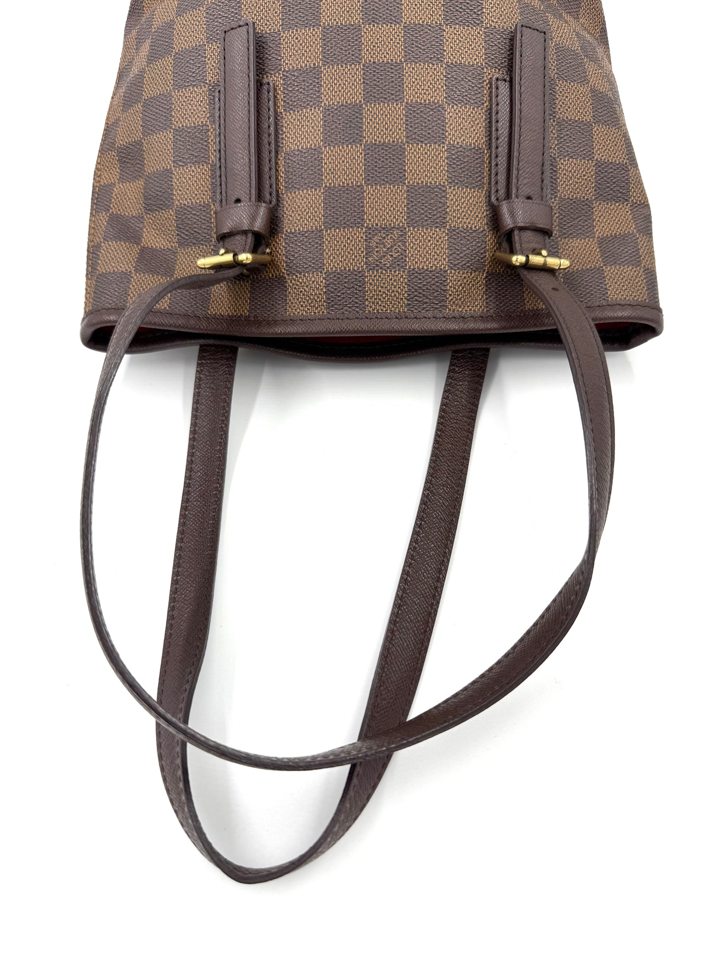 LOUIS VUITTON Bucket Bag PM Damier Ebene mit verstellbaren Lederhenkeln und klassischem Schachbrett-Muster in Braun