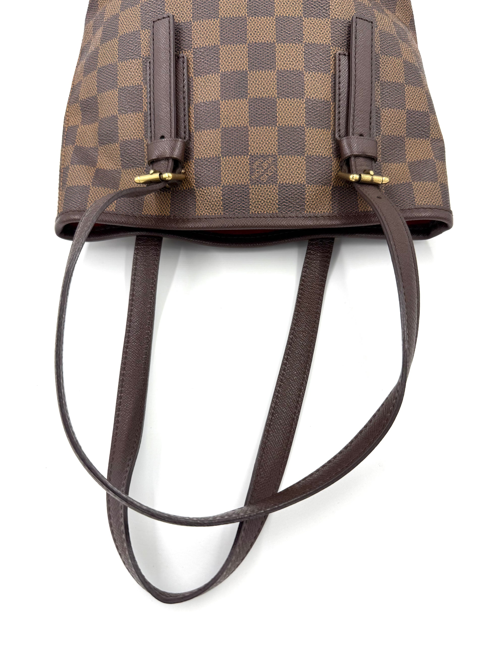 LOUIS VUITTON Bucket Bag PM Damier Ebene mit verstellbaren Lederhenkeln und klassischem Schachbrett-Muster in Braun