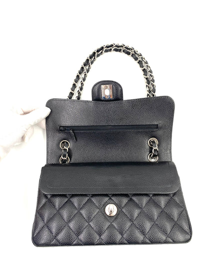 CHANEL Timeless Classic Double Flap Bag small schwarz Caviarleder silberne Hardware