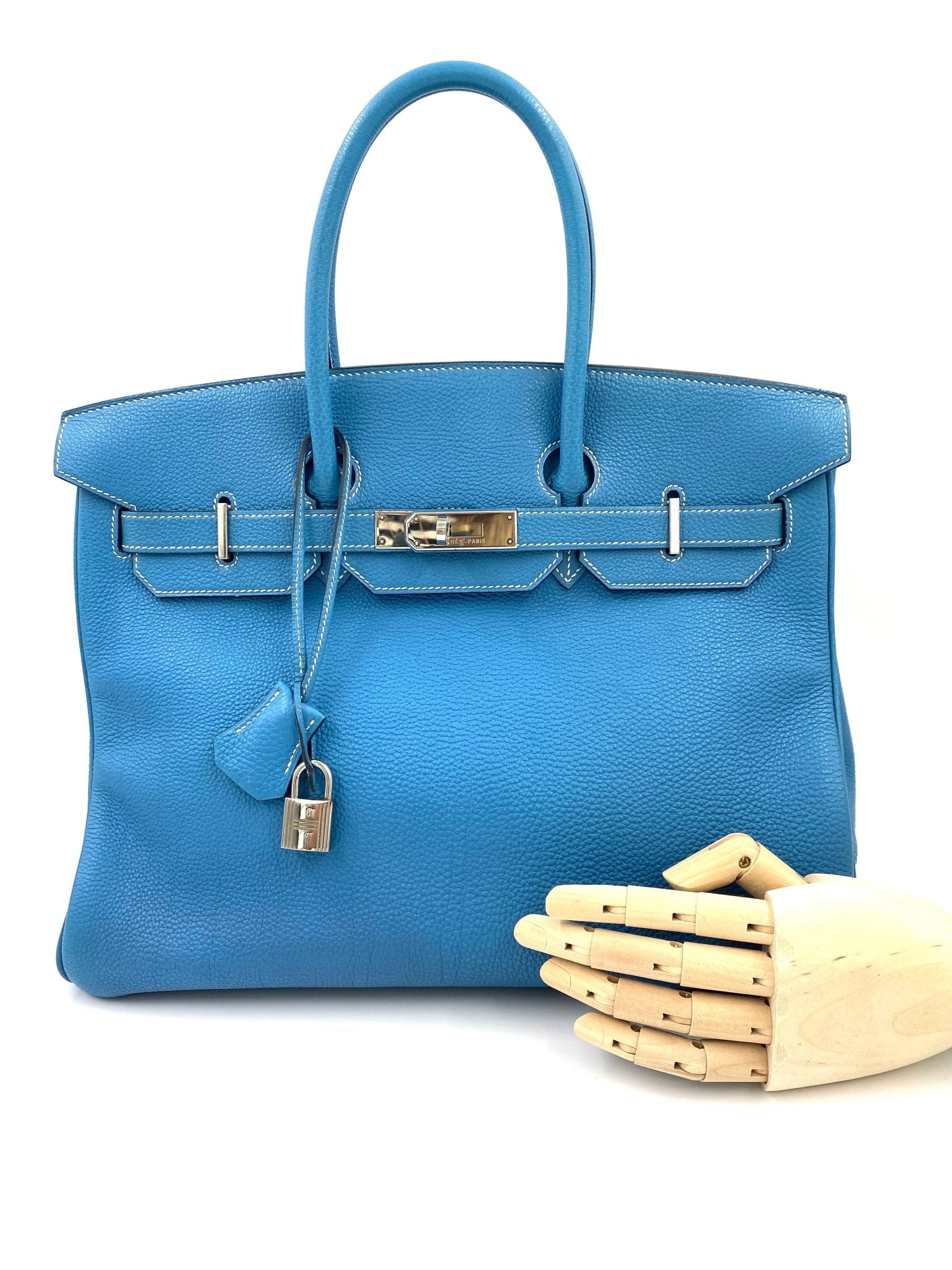 HERMÈS Birkin 35 Togo Blue Jean - Clutch & Macarons - E im Quadrat, 2001 - Clutch & Macarons - 