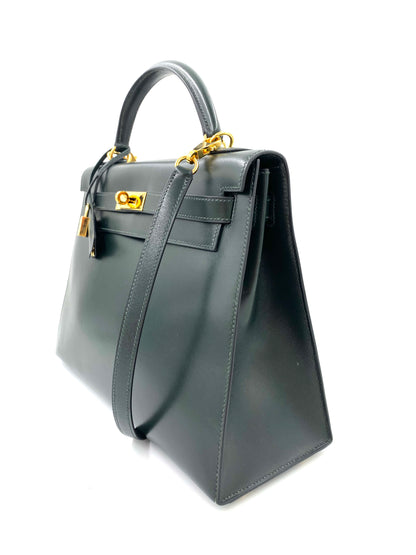 HERMÈS Kelly 32 Sellier dark green Boxkalbsleder mit gold Hardware