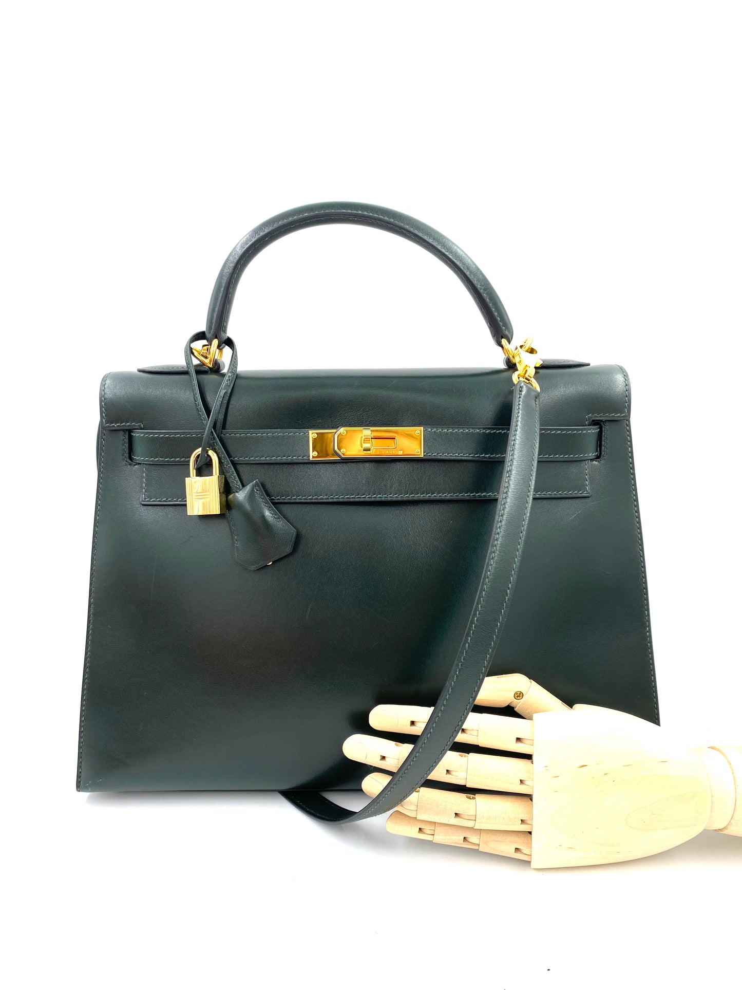 HERMÈS Kelly 32 Sellier dark green Boxkalbsleder mit gold Hardware