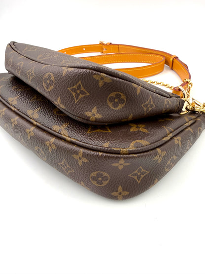LOUIS VUITTON Multi Pochette Monogram Canvas in braun mit goldfarbenen Akzenten und verstellbarem Lederriemen
