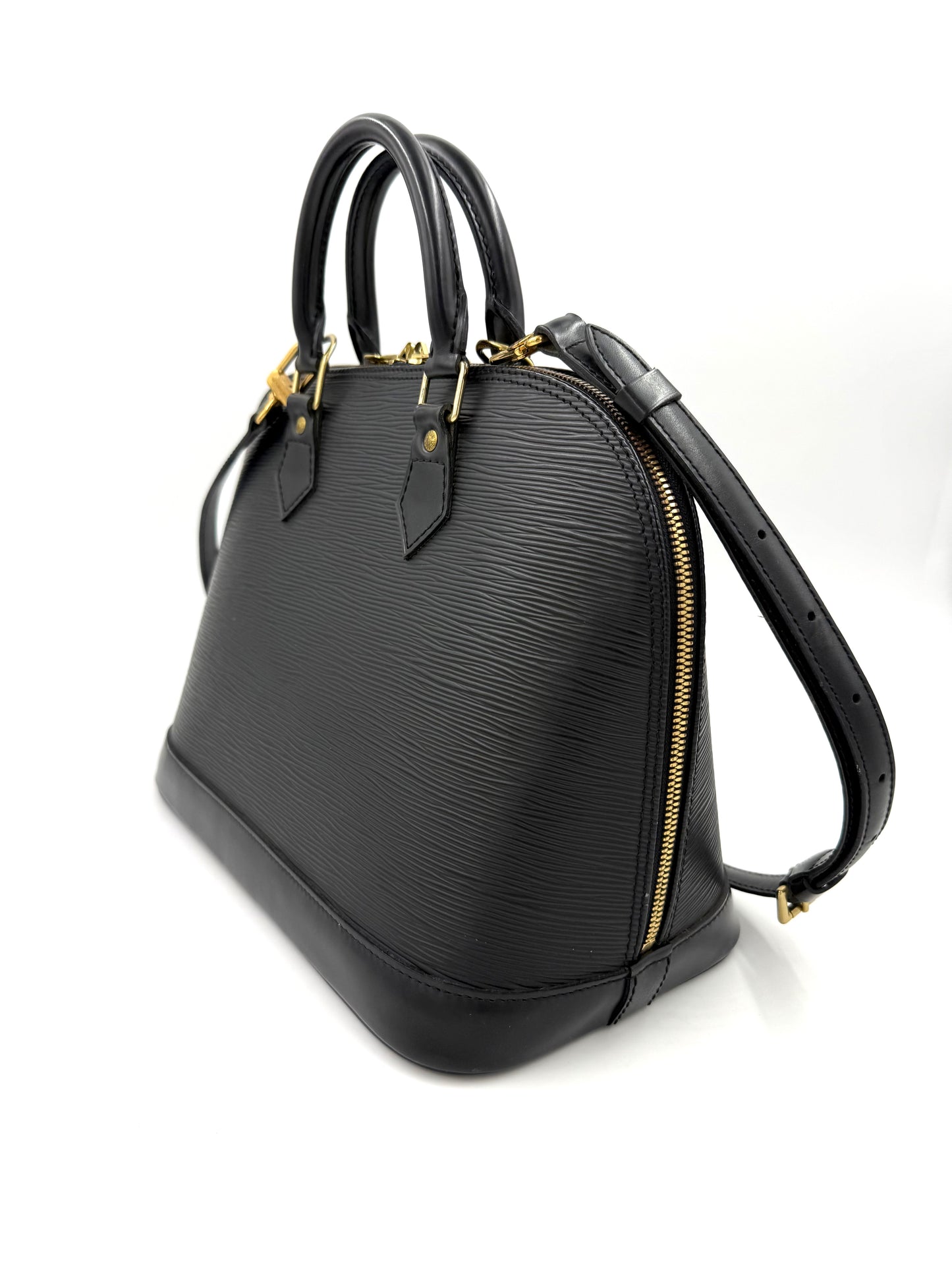 LOUIS VUITTON Alma PM Epi schwarz elegante Secondhand Designerhandtasche mit goldfarbenen Details und verstellbarem Schulterriemen