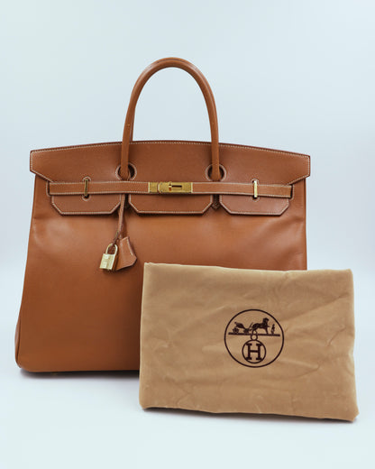 HERMÈS Birkin 40 Courchevel gold GHW braune Designerhandtasche mit Staubbeutel