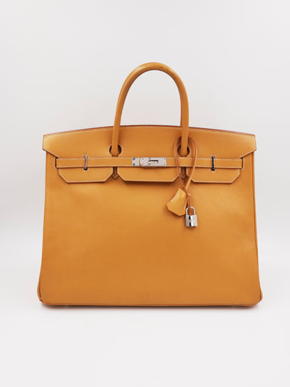 HERMÈS Birkin 40 Swift beige PHW, elegante Designerhandtasche mit Schloss