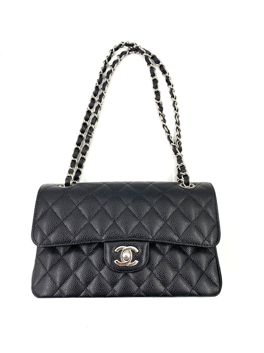 CHANEL Timeless Classic Double Flap Bag small schwarz Caviarleder silberne Hardware