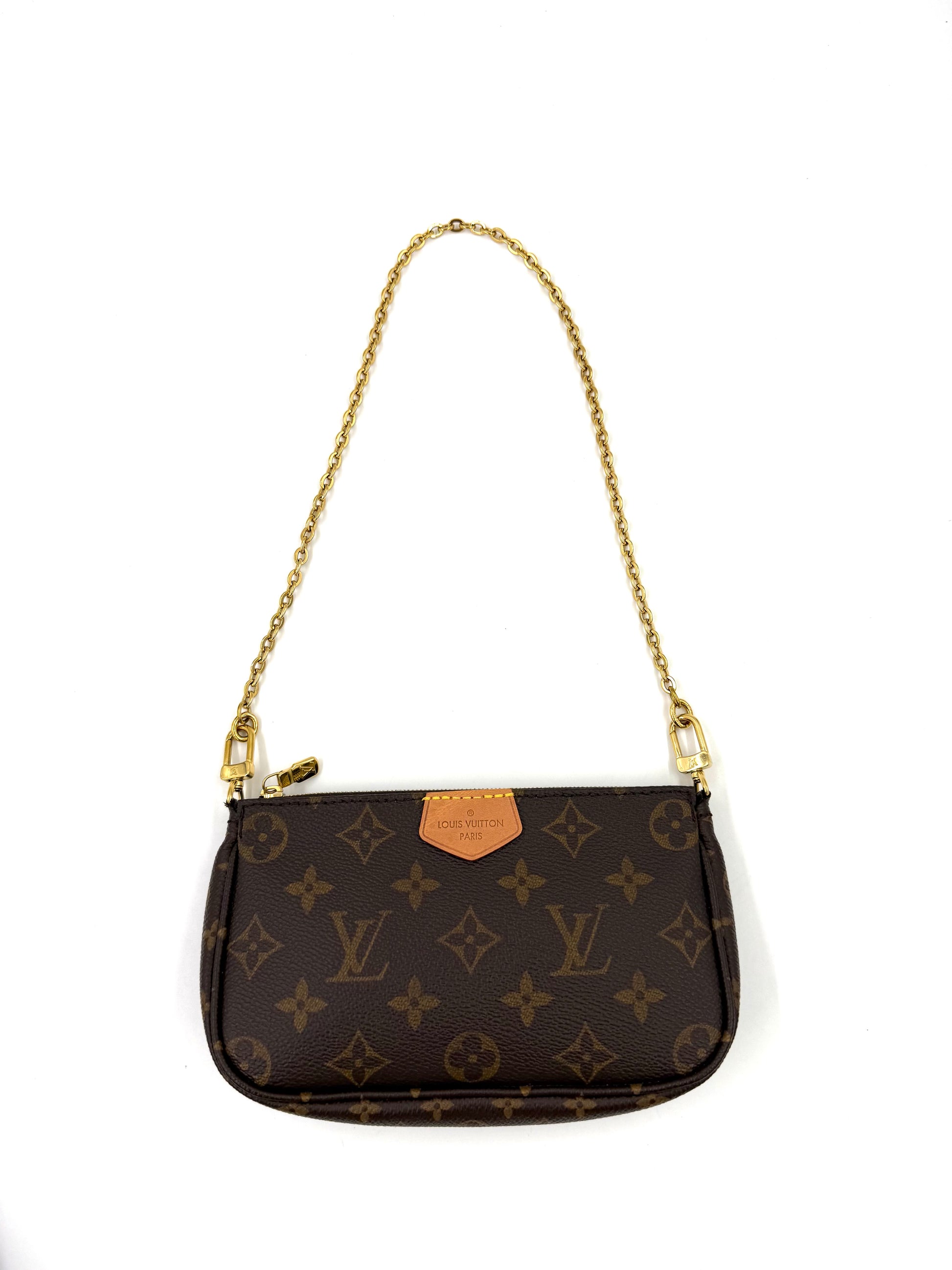 LOUIS VUITTON Multi Pochette Monogram Canvas Designer Handtasche mit goldfarbener Kette, Second Hand, elegant und hochwertig.