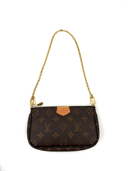 LOUIS VUITTON Multi Pochette Monogram Canvas Designer Handtasche mit goldfarbener Kette, Second Hand, elegant und hochwertig.