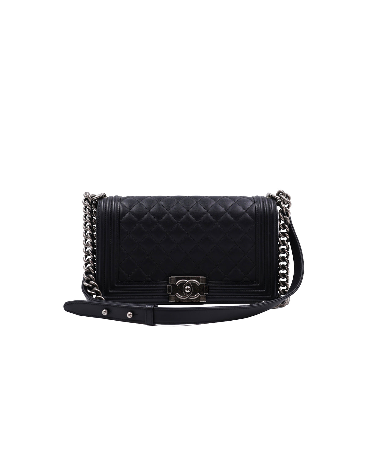 CHANEL Boy Medium schwarz SHW antik, schwarze Designerhandtasche mit Kettenriemen
