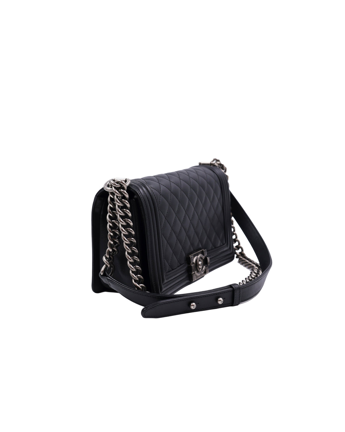 CHANEL Boy Medium schwarz SHW antik schwarze gesteppte Designerhandtasche mit Kettenriemen