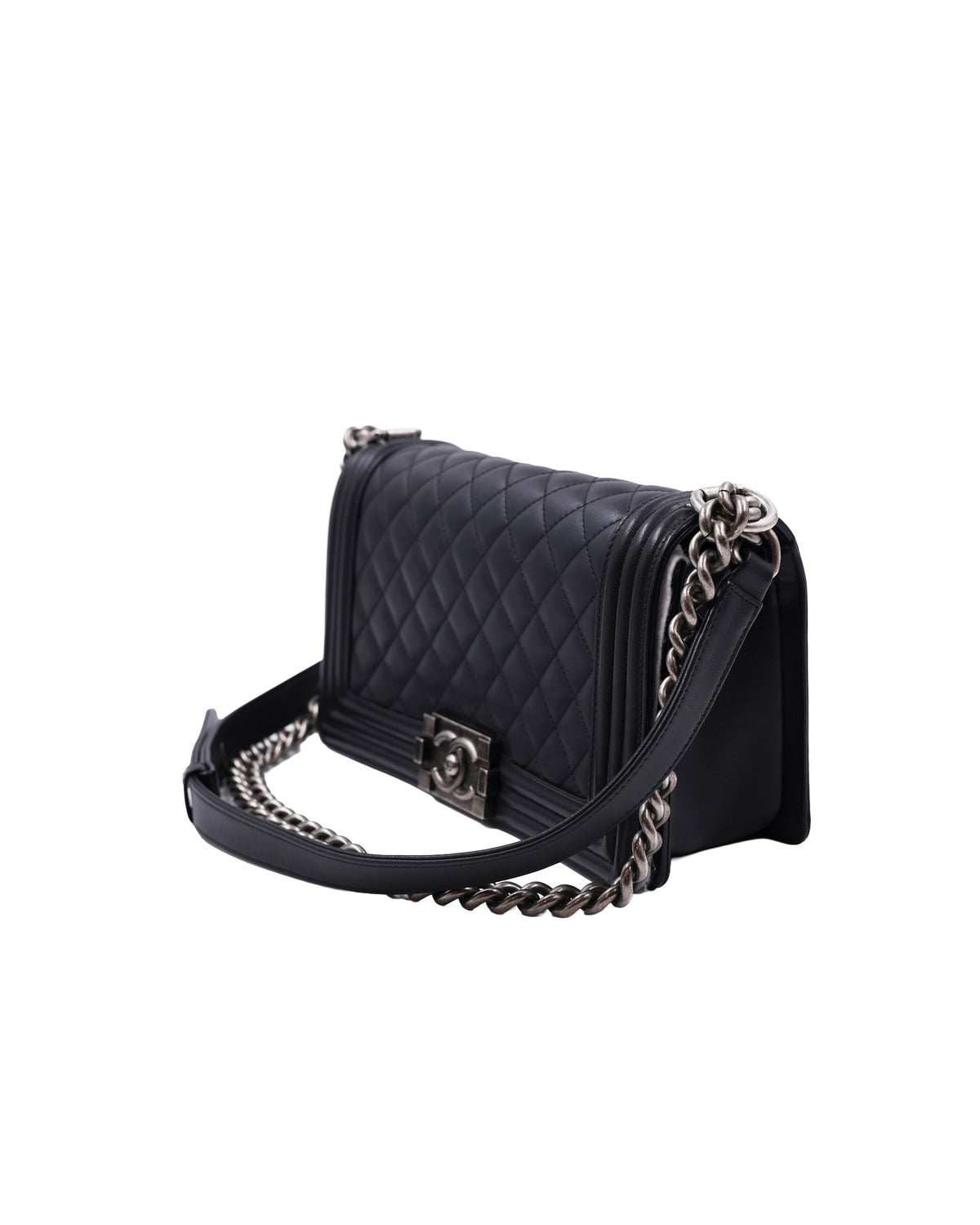 CHANEL Boy Medium schwarz SHW antik schwarze gesteppte Designerhandtasche mit Kettenriemen