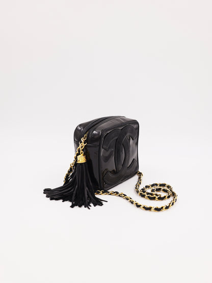 CHANEL Camera Bag schwarz GHW schwarze Designerhandtasche mit Kettenriemen und Quasten