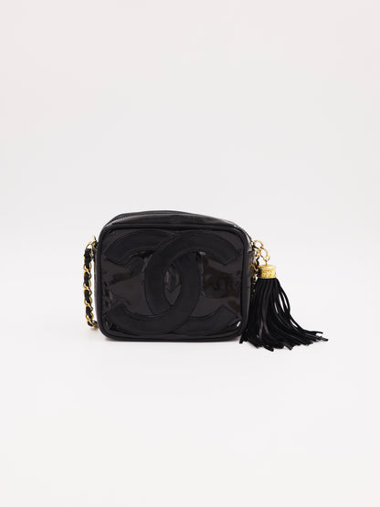 CHANEL Camera Bag schwarz GHW schwarze Lacklederhandtasche mit Kettenriemen und Quaste
