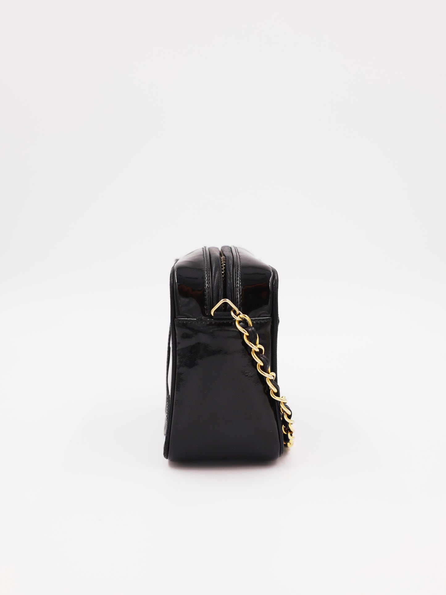 CHANEL Camera Bag schwarz GHW, schwarze Handtasche mit goldfarbener Kette