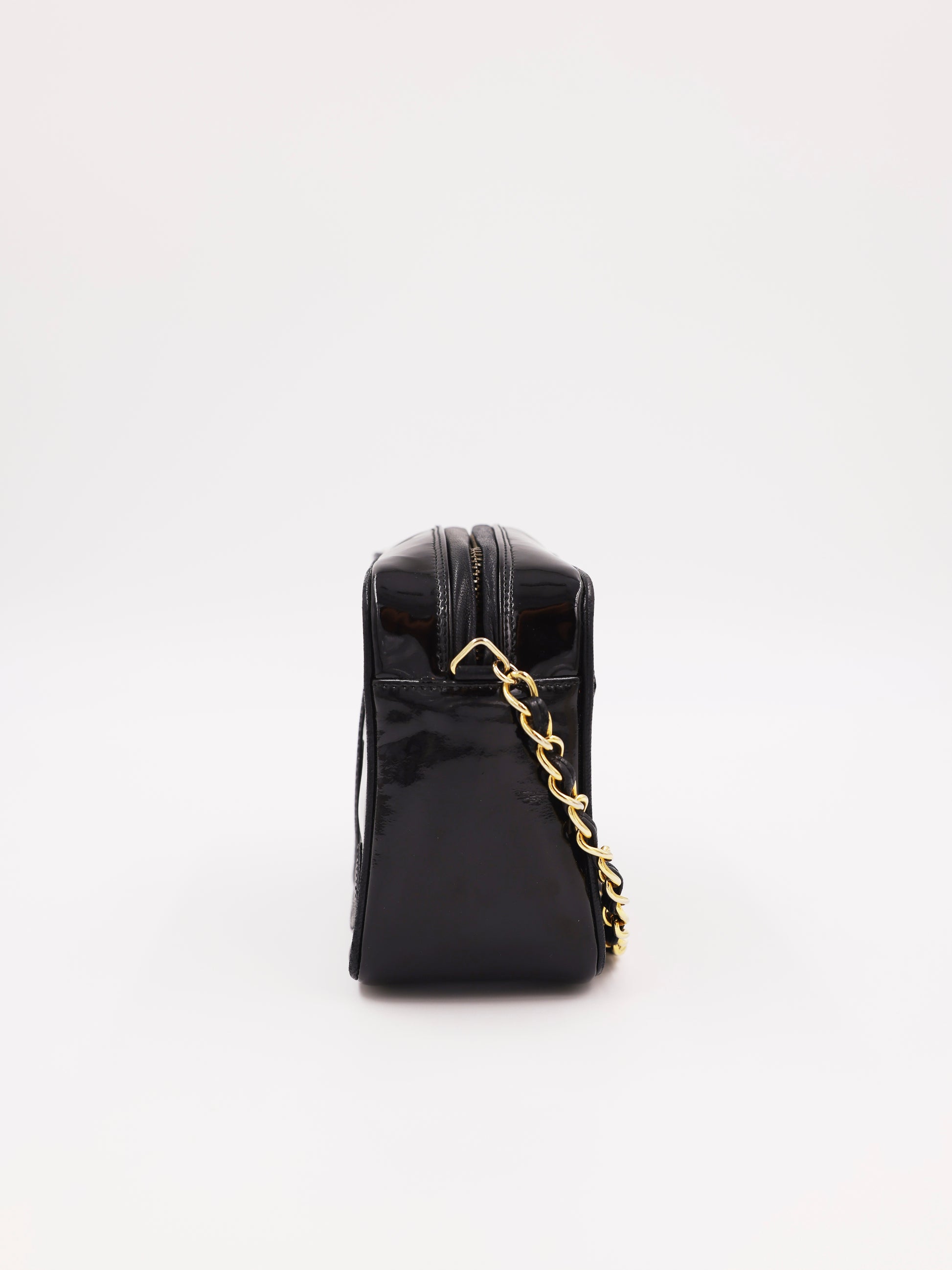 CHANEL Camera Bag schwarz GHW, schwarze Handtasche mit goldfarbener Kette