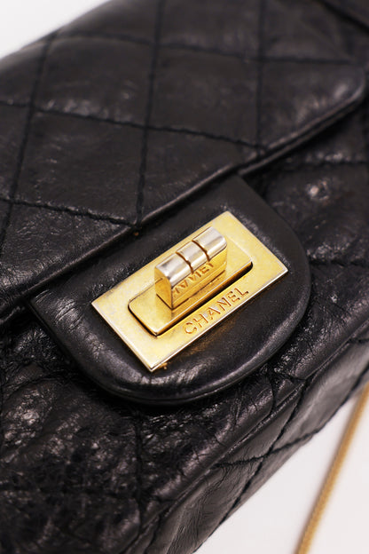 CHANEL 2.55 Double Face Flap schwarz GHW, schwarze gesteppte Handtasche mit goldfarbenem Verschluss