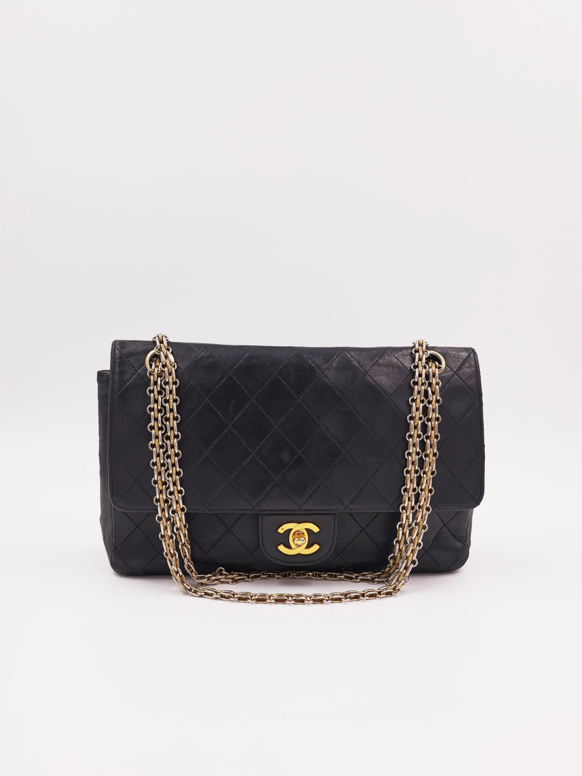 CHANEL Timeless Double Flap medium schwarz GHW schwarze Designerhandtasche mit goldfarbener Kette