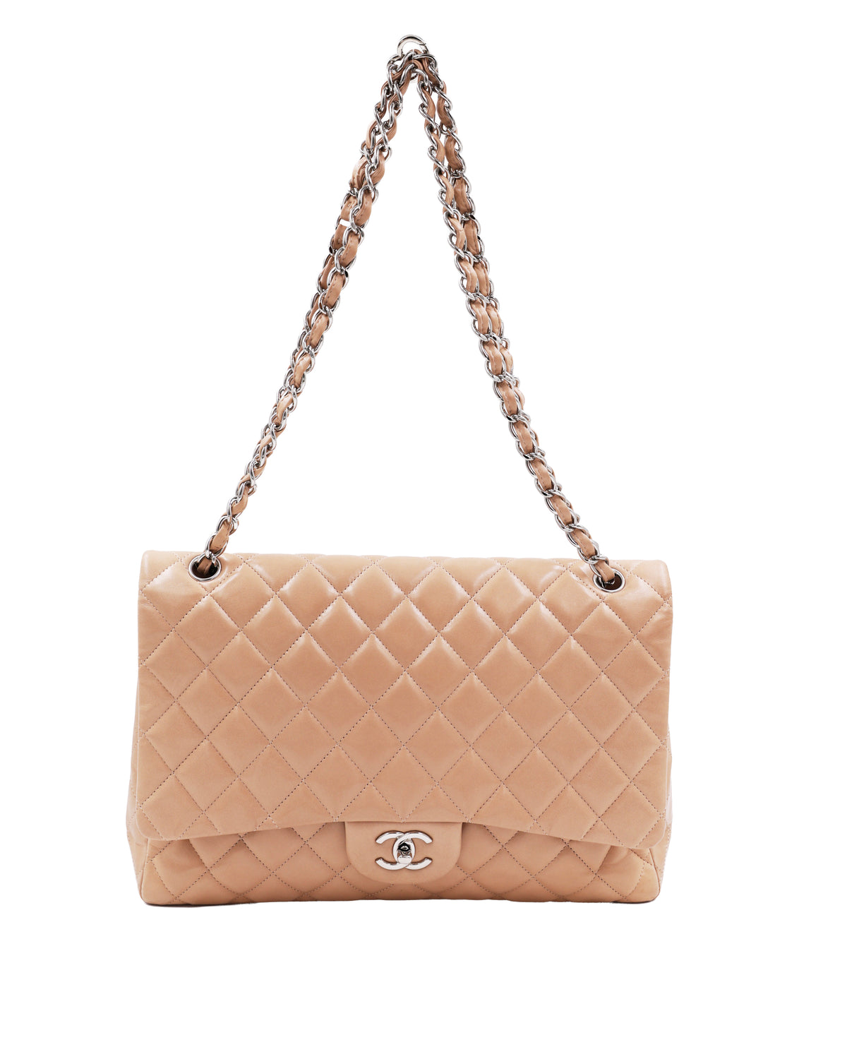 CHANEL Timeless Single Flap Maxi beige SHW beige gesteppte Designerhandtasche mit Kettenriemen