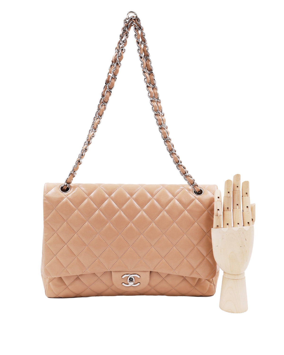 CHANEL Timeless Single Flap Maxi beige SHW beige gesteppte Designerhandtasche aus zweiter Hand