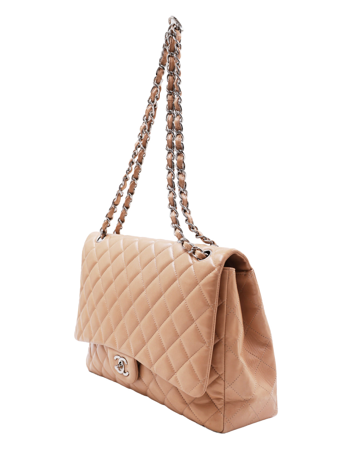 CHANEL Timeless Single Flap Maxi beige SHW, gesteppte Designerhandtasche mit Kettenriemen