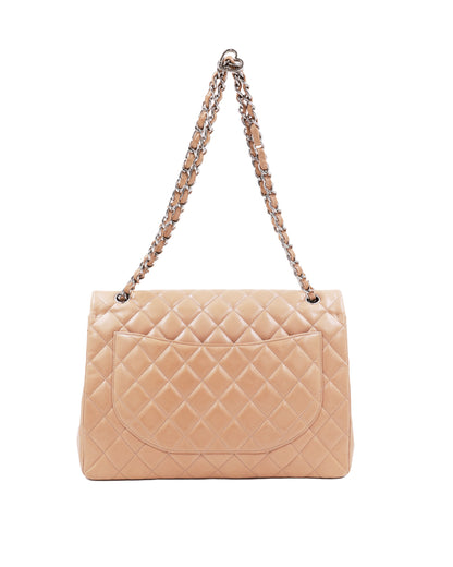 CHANEL Timeless Single Flap Maxi beige SHW, beige Designerhandtasche aus zweiter Hand mit Kettenhenkel