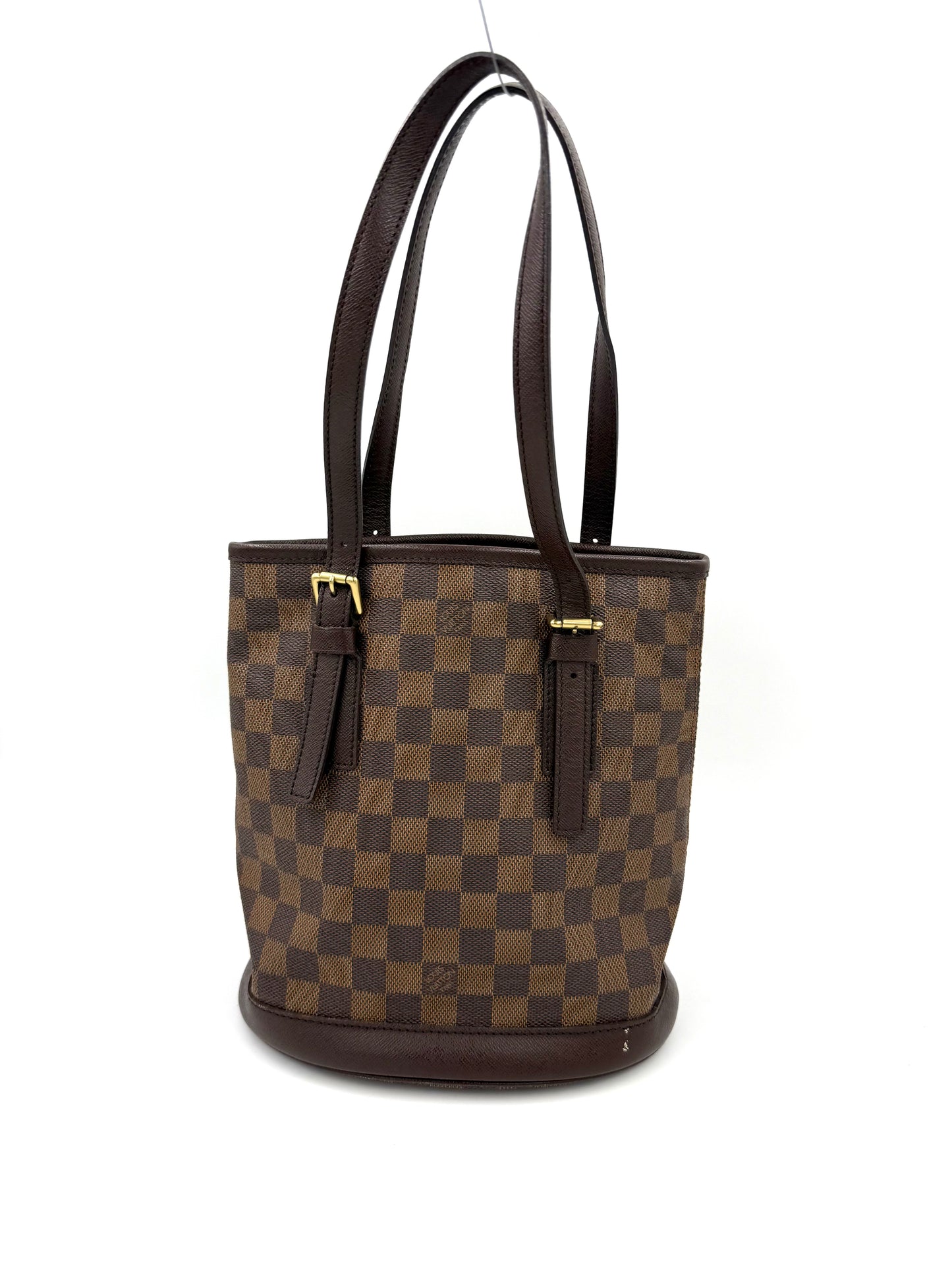 LOUIS VUITTON Bucket Bag PM Damier Ebene mit klassischem Karo-Muster und verstellbaren Lederriemen, Secondhand Designer Handtasche
