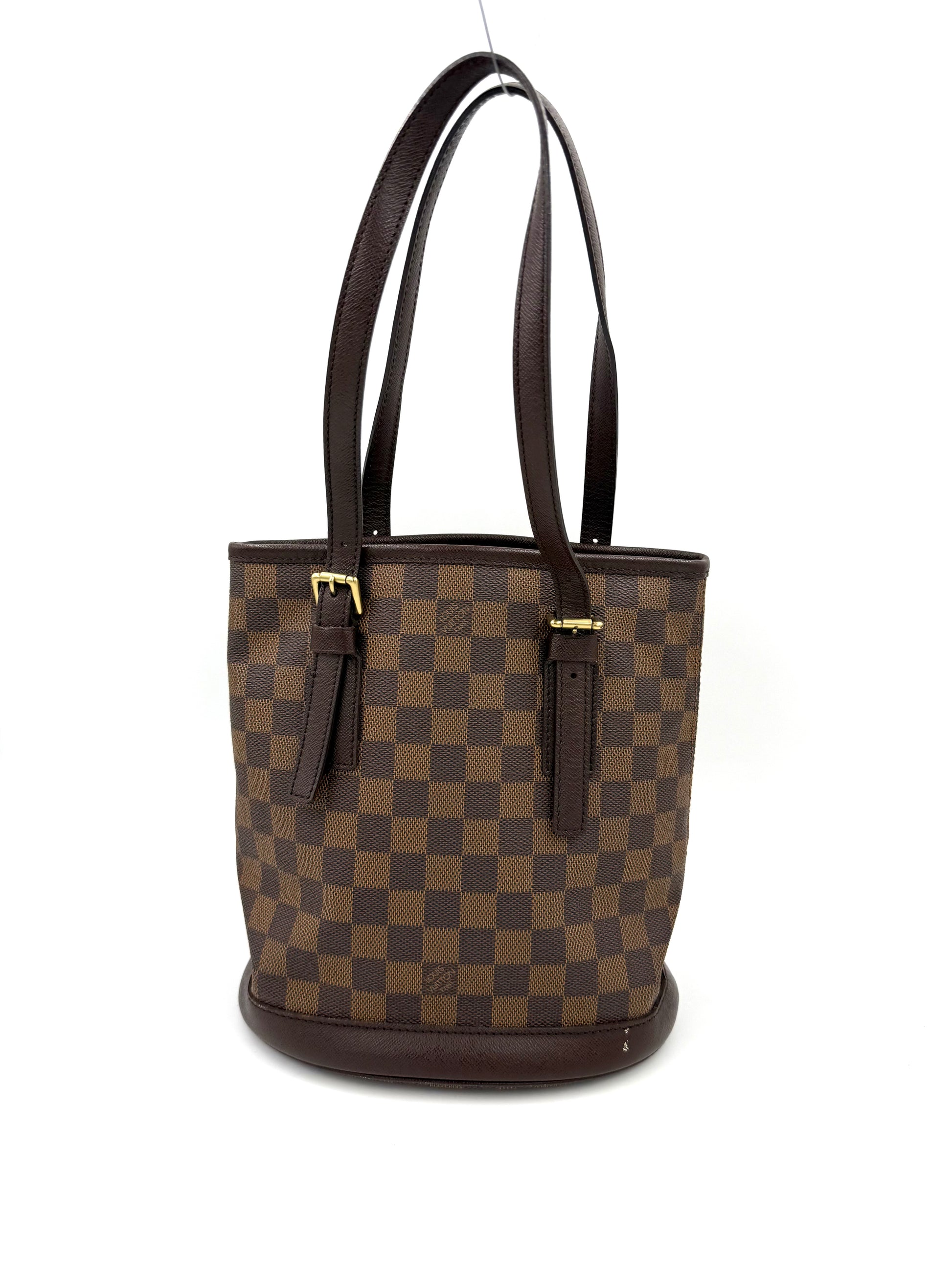 LOUIS VUITTON Bucket Bag PM Damier Ebene mit klassischem Karo-Muster und verstellbaren Lederriemen, Secondhand Designer Handtasche