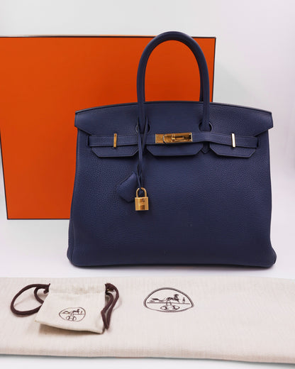 HERMÈS Birkin 35 Togo Blue Navy GHW marineblaue Designerhandtasche mit goldfarbenen Details
