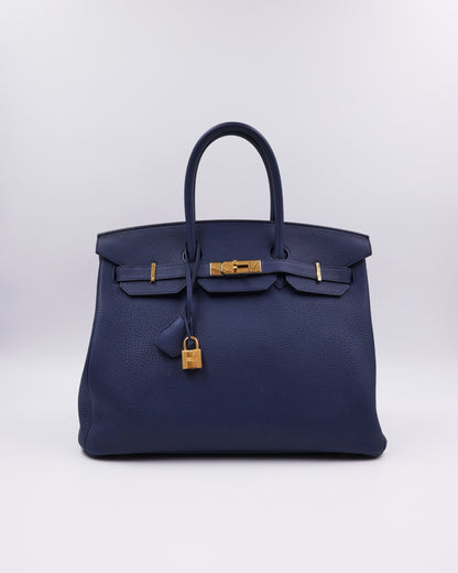 HERMÈS Birkin 35 Togo Blue Navy GHW dunkelblaue Designerhandtasche mit goldfarbenen Beschlägen
