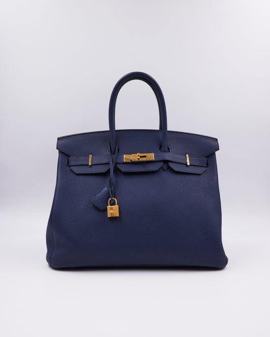 HERMÈS Birkin 35 Togo Blue Navy GHW dunkelblaue Designerhandtasche mit goldfarbenen Beschlägen