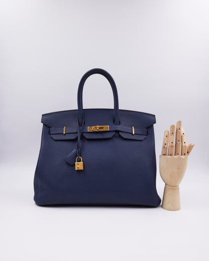 HERMÈS Birkin 35 Togo Blue Navy GHW dunkelblaue Designerhandtasche mit goldfarbenen Beschlägen