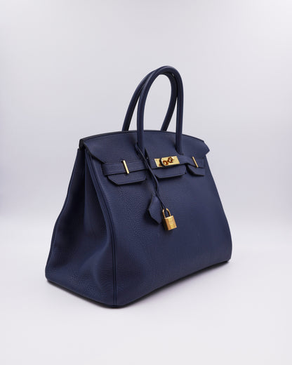 HERMÈS Birkin 35 Togo Blue Navy GHW, dunkelblaue Designerhandtasche mit goldfarbenen Details