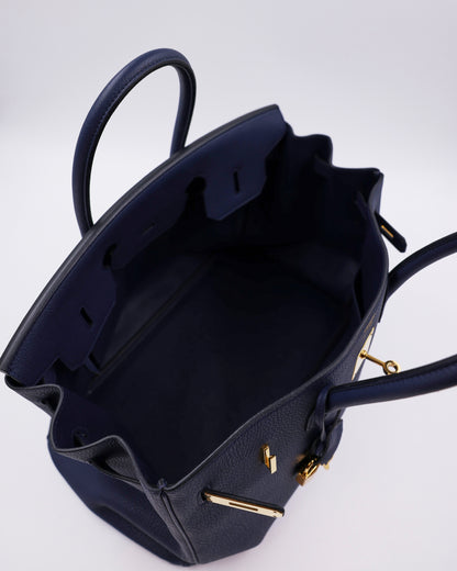 HERMÈS Birkin 35 Togo Blue Navy GHW dunkelblaue Luxushandtasche mit offenem geräumigem Innenraum