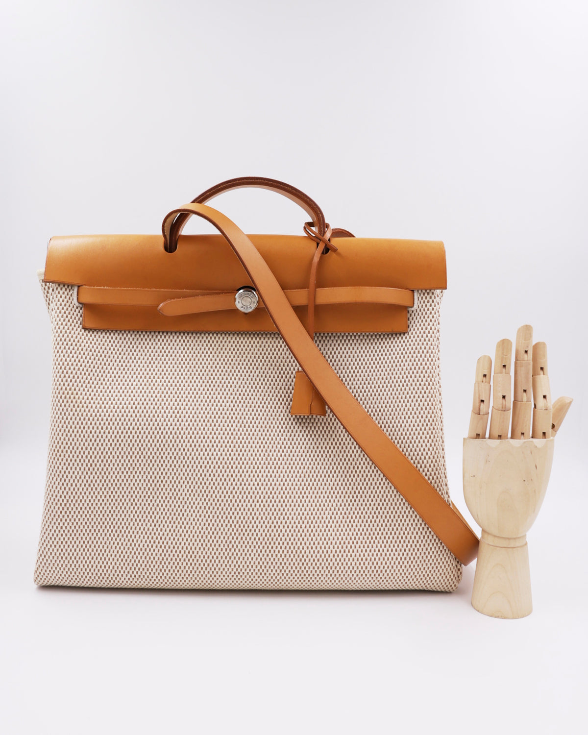 HERMÈS Herbag 39 Messenger Toile / Vache Naturelle PHW, zweiteilige Handtasche mit Schulterriemen