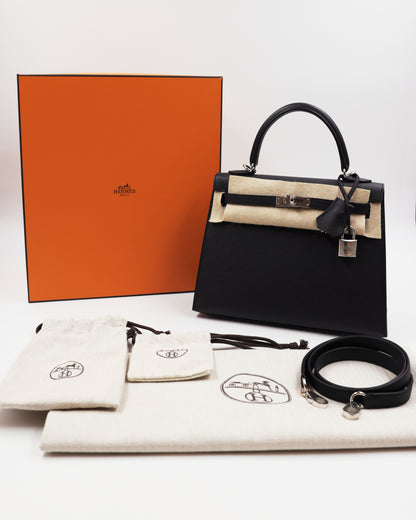 HERMÈS Kelly 25 Sellier Epsom schwarz PHW mit Box, Staubbeuteln und Schulterriemen